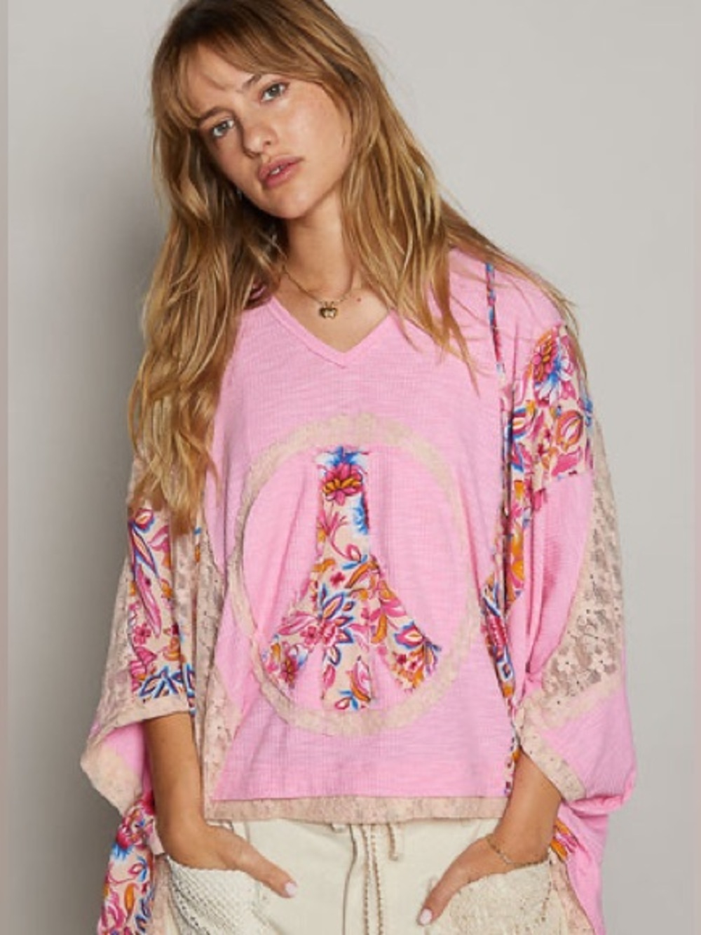 POL Pink Peace Sign Lace Hooded Poncho Top Boho Festival Cottagecore Size S